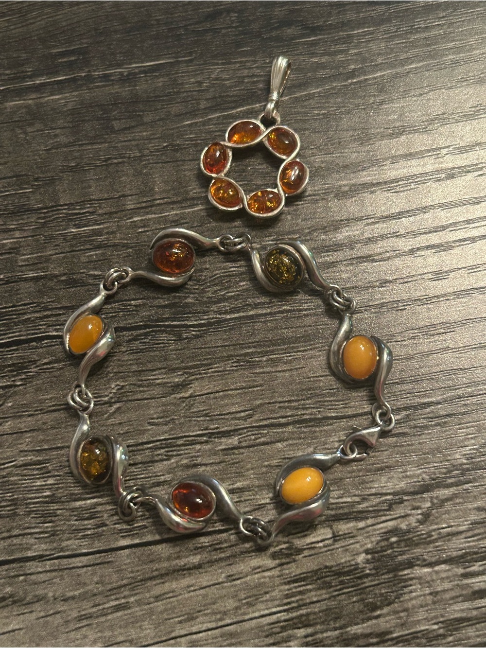 Sterling Silver Amber Bracelet and Amber Pendant Set